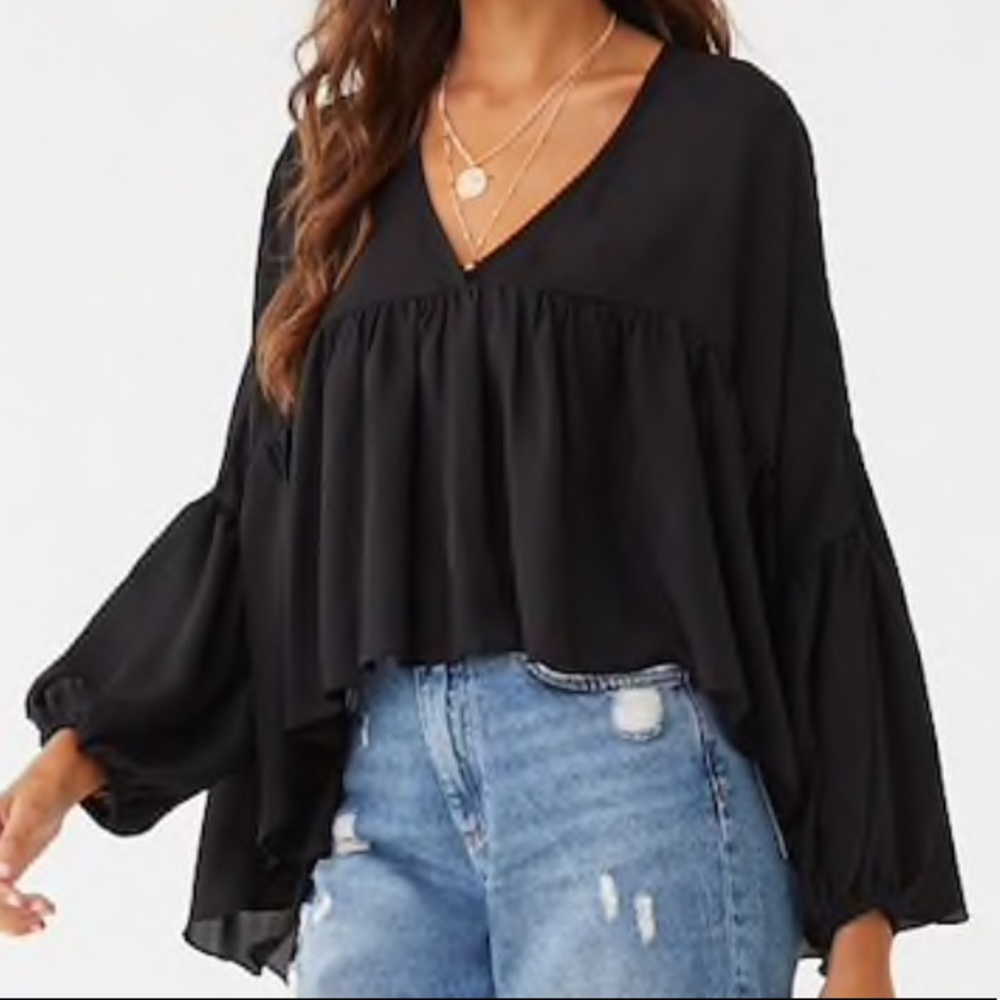 Black ruffle high low cowgirl blouse